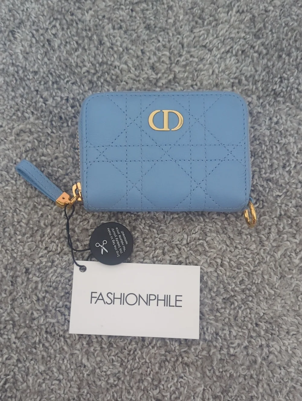 Dior Light Blue Quilted Zip Wallet with Gold Hardware